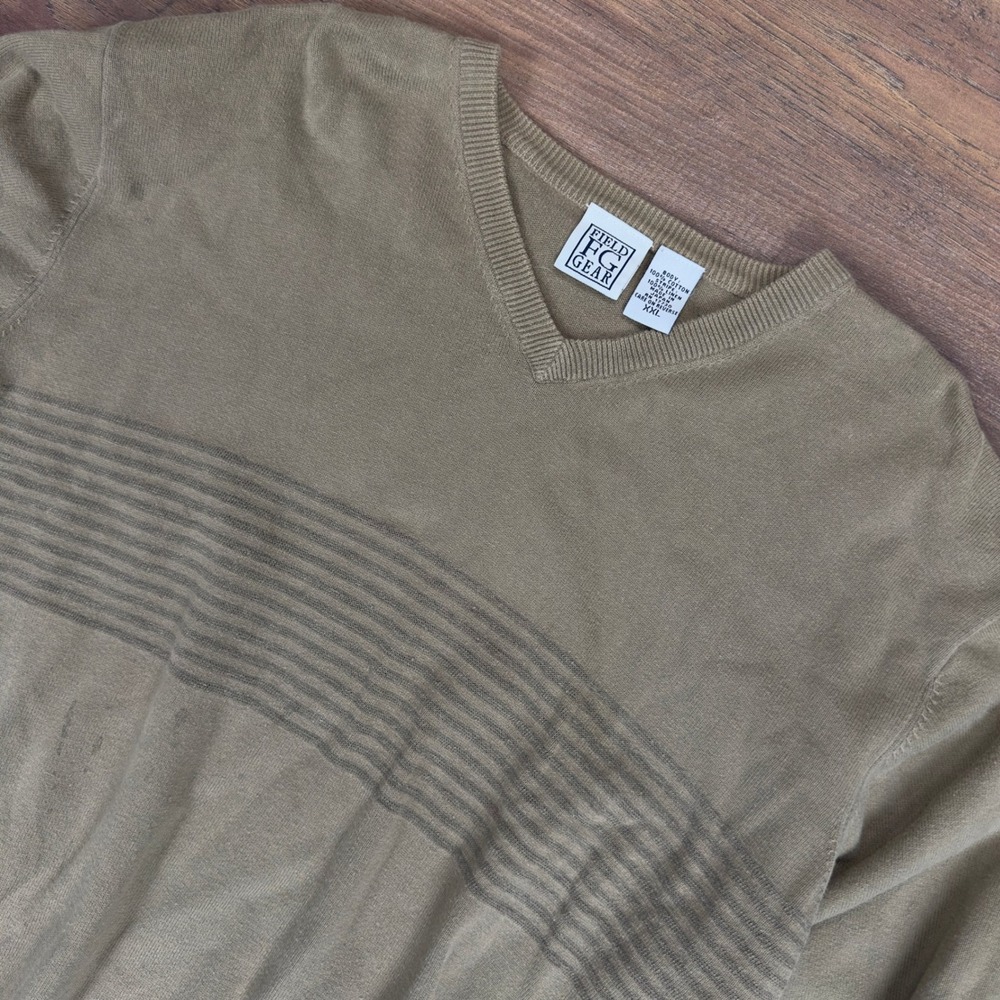 Field Gear Mens Vintage XXL V-Neck Sweater Linen Cotton Neutral Tan Striped 1157